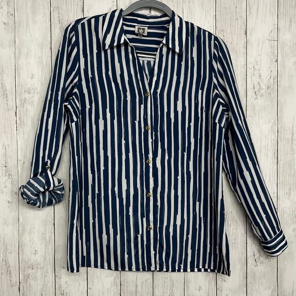 Ann Klein Blue White Stripe Roll Sleeve Lightweight Beach Summer Button Up Shirt - Picture 3 of 10